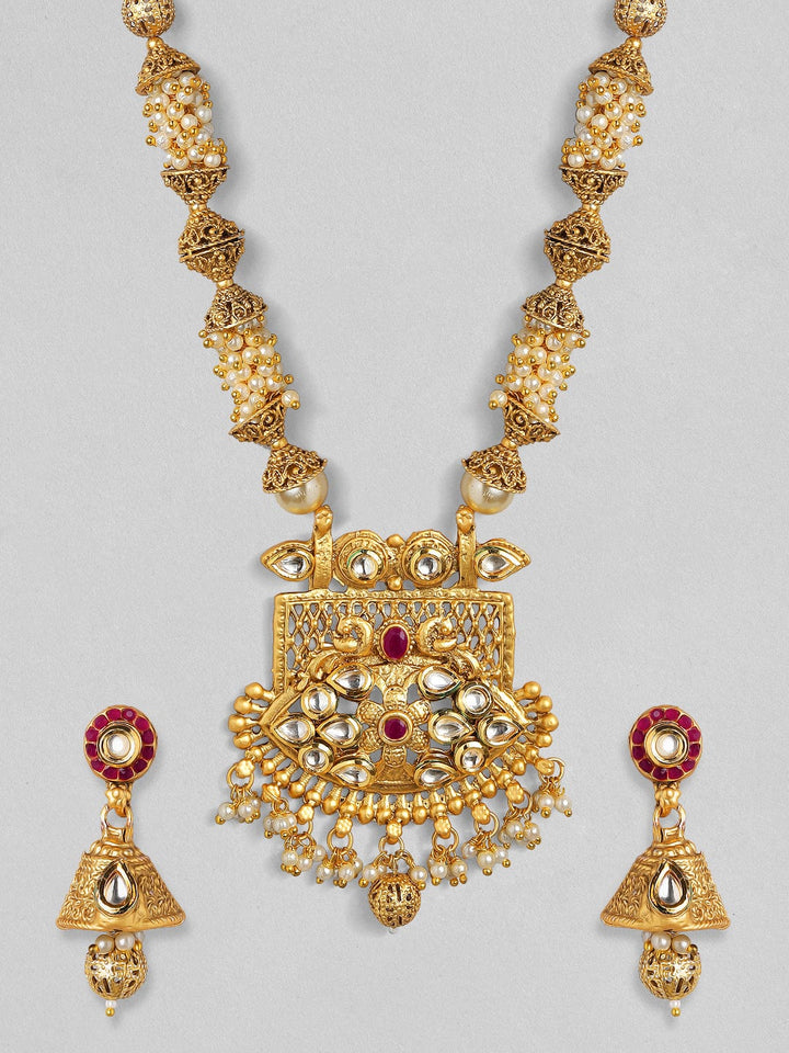 Rubans 24K Gold Plated Handcrafted White Kundan & Antique Gold Filigree Beads Necklace Set Necklace Set