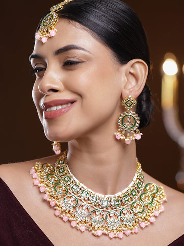 Rubans 24K Gold-Plated Handcrafted White Kundan Necklace Set with Green Enamel Detailing & Pastel Pink Pearl Beads Necklace Sets