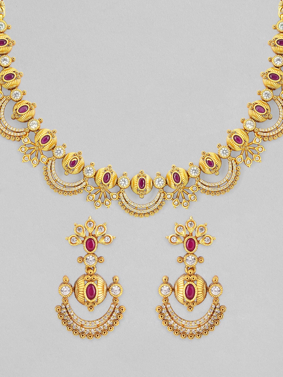 Rubans 24K Gold Plated Handcrafted Zircon Studded Temple Necklace Set Necklace Set