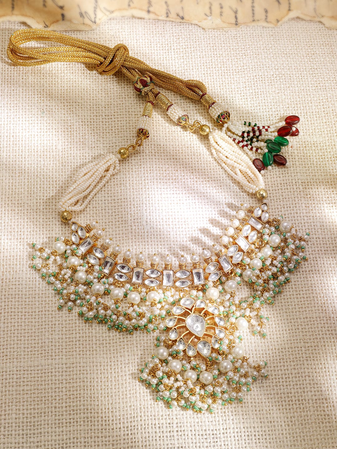 Rubans 24K Gold-Plated Ivory Pearl & Pachi Kundan Studded Mint Green Beaded Jewelry Set Necklace Set