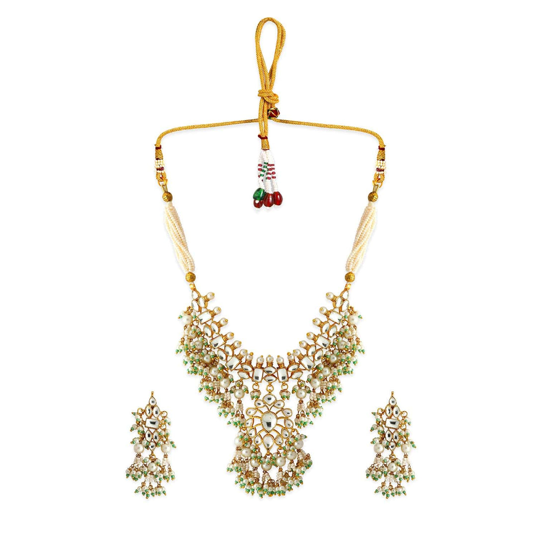 Rubans 24K Gold-Plated Ivory Pearl & Pachi Kundan Studded Mint Green Beaded Jewelry Set Necklace Set