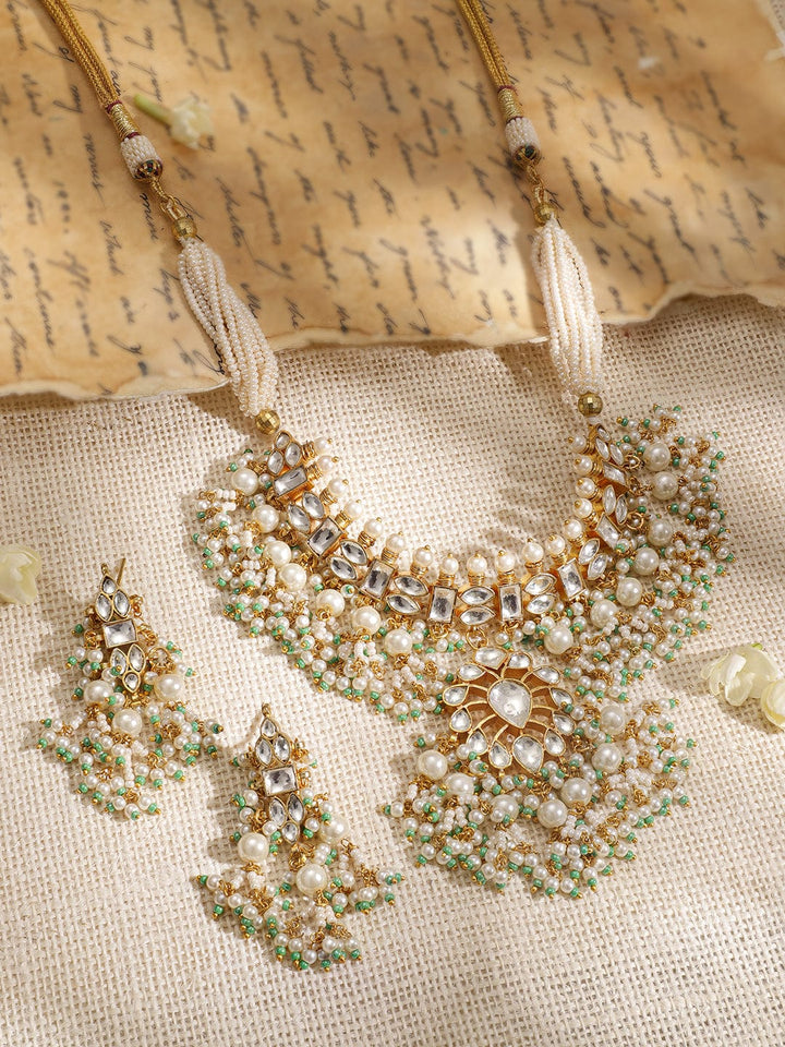 Rubans 24K Gold-Plated Ivory Pearl & Pachi Kundan Studded Mint Green Beaded Jewelry Set Necklace Set