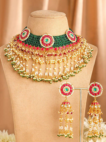 Rubans 24K Gold-Plated Kundan & Beaded Handcrafted Ruby, Emerald & Pearl Necklace Set Jewellery Set
