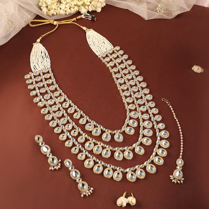 Rubans 24K Gold-Plated Kundan & Cubic Zirconia Studded Multi-Layer Pearl Bridal Jewellery Set Necklace Set