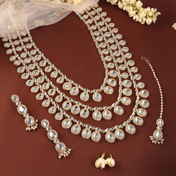 Rubans 24K Gold-Plated Kundan & Cubic Zirconia Studded Multi-Layer Pearl Bridal Jewellery Set Necklace Set