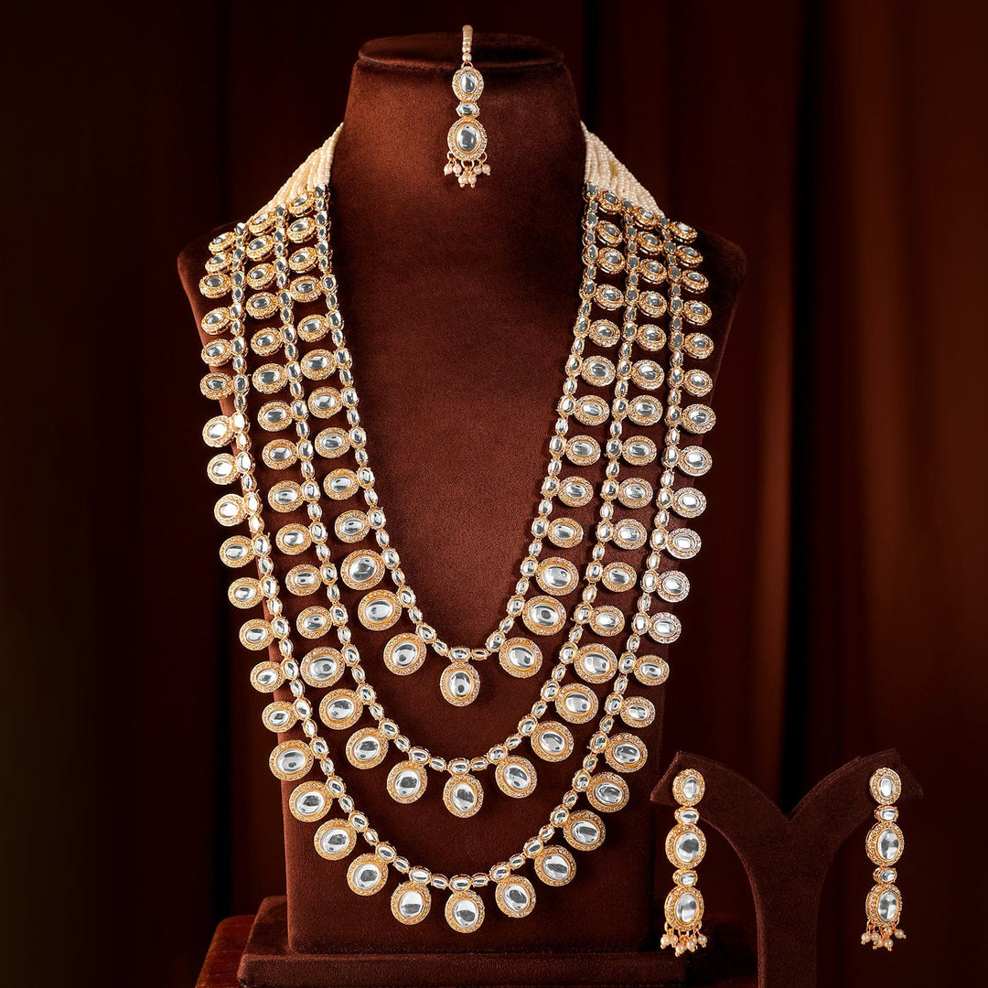 Rubans 24K Gold-Plated Kundan & Cubic Zirconia Studded Multi-Layer Pearl Bridal Jewellery Set Necklace Set