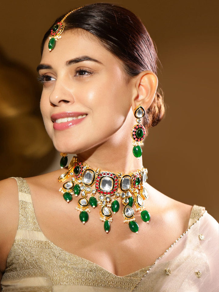 Rubans 24K Gold-Plated Kundan & Green Beaded Choker Necklace Set with Red Stone Accents Necklace Sets