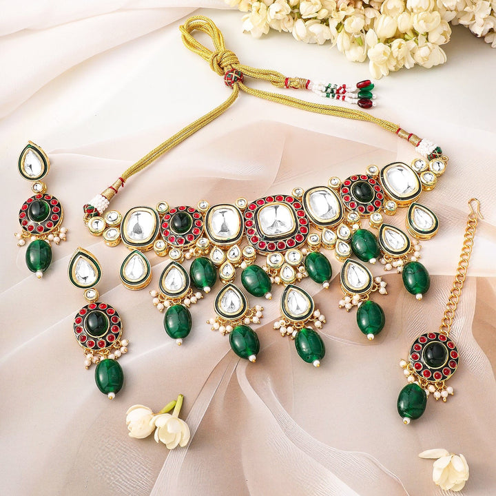 Rubans 24K Gold-Plated Kundan & Green Beaded Choker Necklace Set with Red Stone Accents Necklace Sets