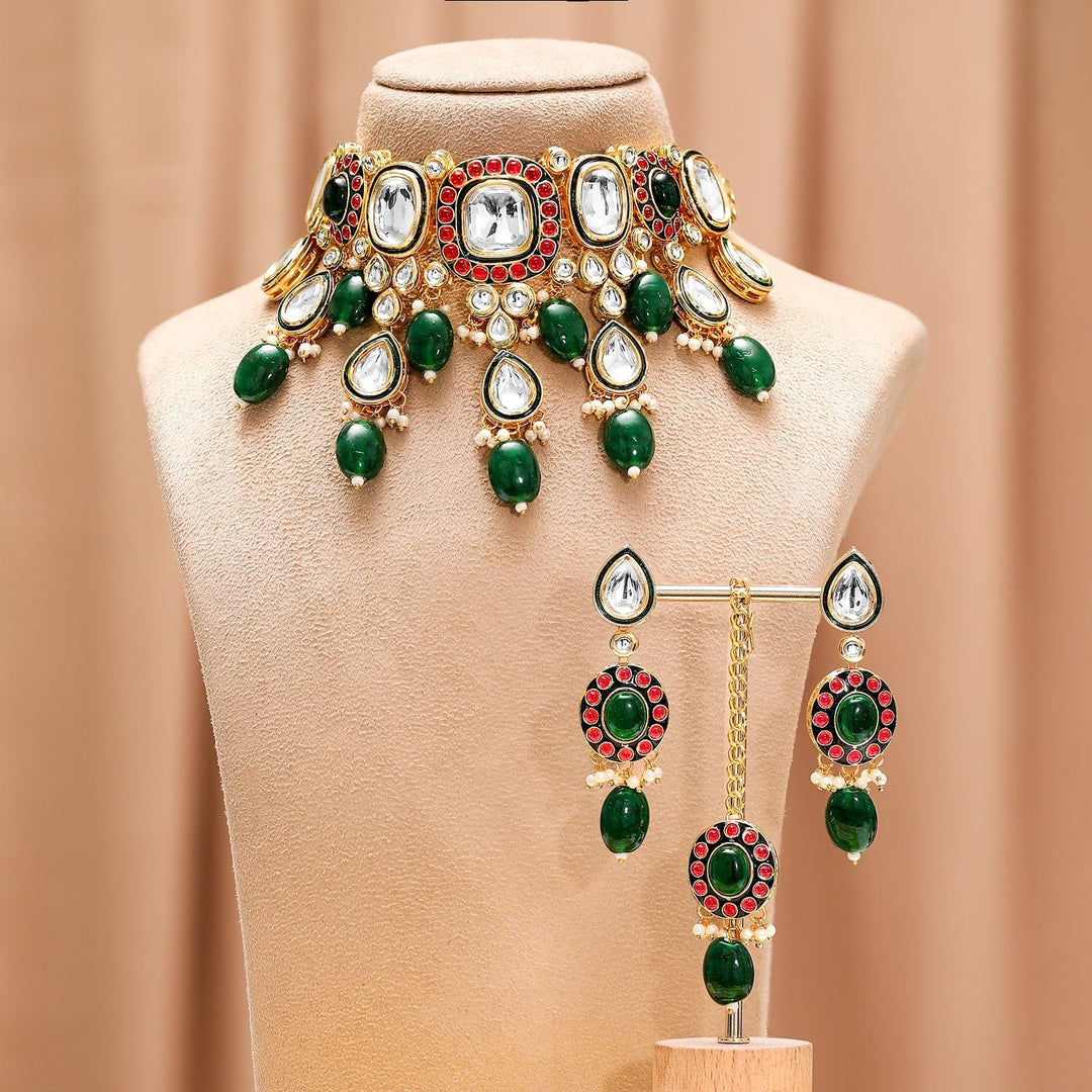 Rubans 24K Gold-Plated Kundan & Green Beaded Choker Necklace Set with Red Stone Accents Necklace Sets