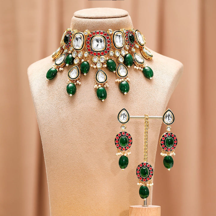 Rubans 24K Gold-Plated Kundan & Green Beaded Choker Necklace Set with Red Stone Accents Necklace Sets