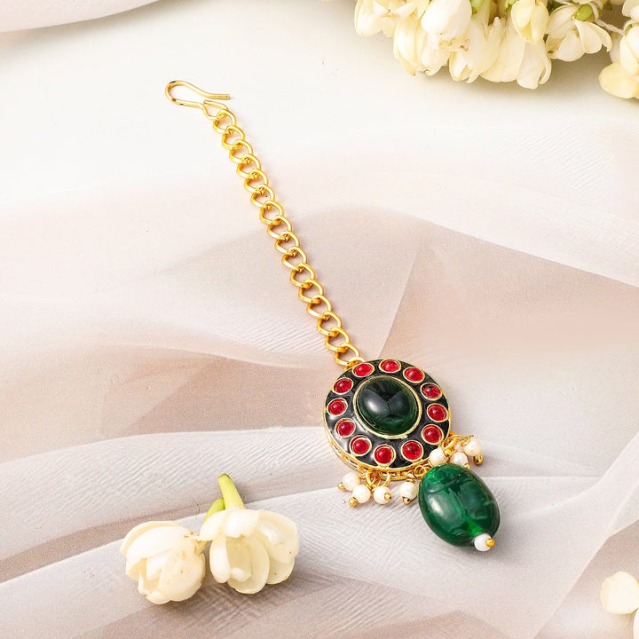 Rubans 24K Gold-Plated Kundan & Green Beaded Choker Necklace Set with Red Stone Accents Necklace Sets