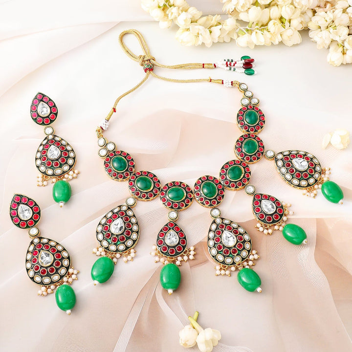 Rubans 24K Gold-Plated Kundan & Green Beaded Choker Necklace Set with Red Stone Detailing Necklace Sets