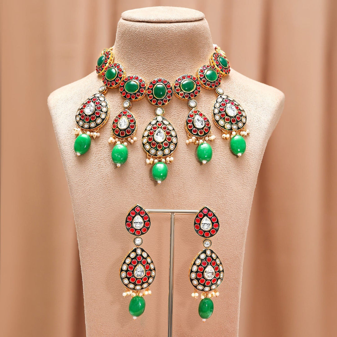 Rubans 24K Gold-Plated Kundan & Green Beaded Choker Necklace Set with Red Stone Detailing Necklace Sets