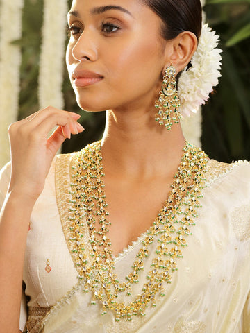 Rubans 24K Gold Plated Kundan & Green Beaded Handcrafted Layered Necklace Set with Earring Jewellery Set