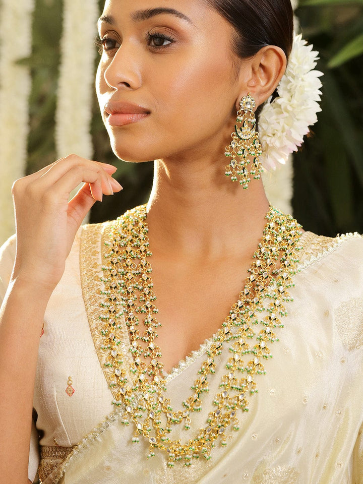 Rubans 24K Gold Plated Kundan & Green Beaded Handcrafted Layered Necklace Set with Earring Jewellery Set