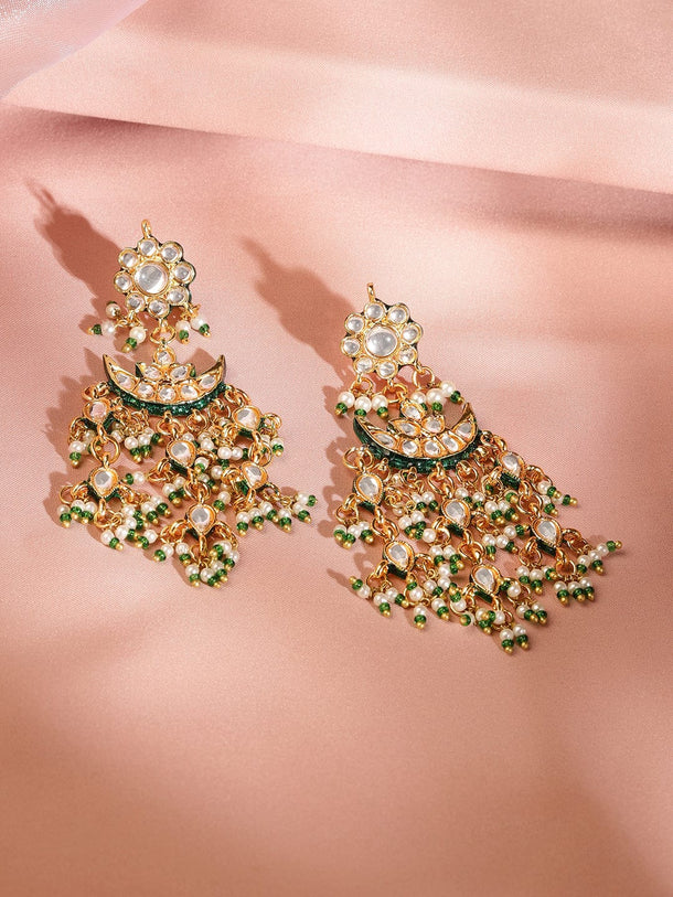 Rubans 24K Gold Plated Kundan & Green Beaded Handcrafted Layered Necklace Set with Earring Jewellery Set