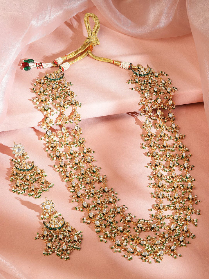 Rubans 24K Gold Plated Kundan & Green Beaded Handcrafted Layered Necklace Set with Earring Jewellery Set