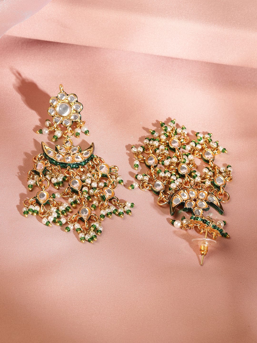 Rubans 24K Gold Plated Kundan & Green Beaded Handcrafted Layered Necklace Set with Earring Jewellery Set