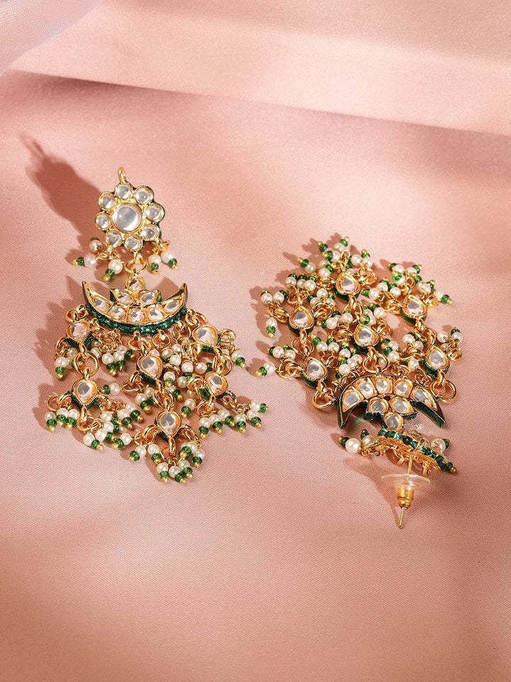 Rubans 24K Gold Plated Kundan & Green Beaded Handcrafted Layered Necklace Set with Earring Jewellery Set