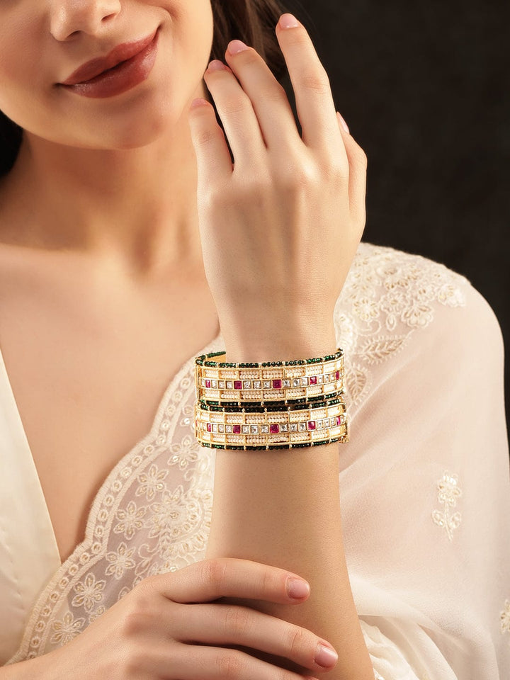 Rubans 24k Gold plated kundan & kemp studded green crystal with pearl beaded handcrafted bangles Bangles & Bracelets