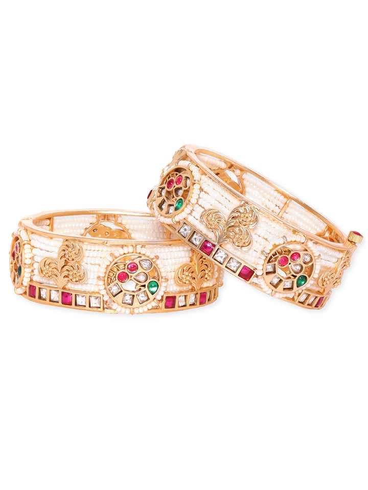 Rubans 24k Gold plated kundan & kemp studded pearl beaded handcrafted bangles Bangles & Bracelets