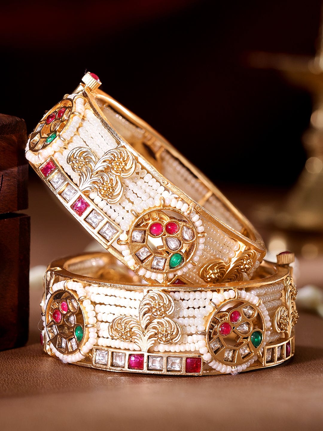 Rubans 24k Gold plated kundan & kemp studded pearl beaded handcrafted bangles Bangles & Bracelets