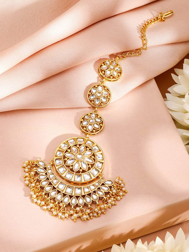 Rubans 24K Gold Plated Kundan & Pearls Earrings & Maang Tikka Set Jewellery Set