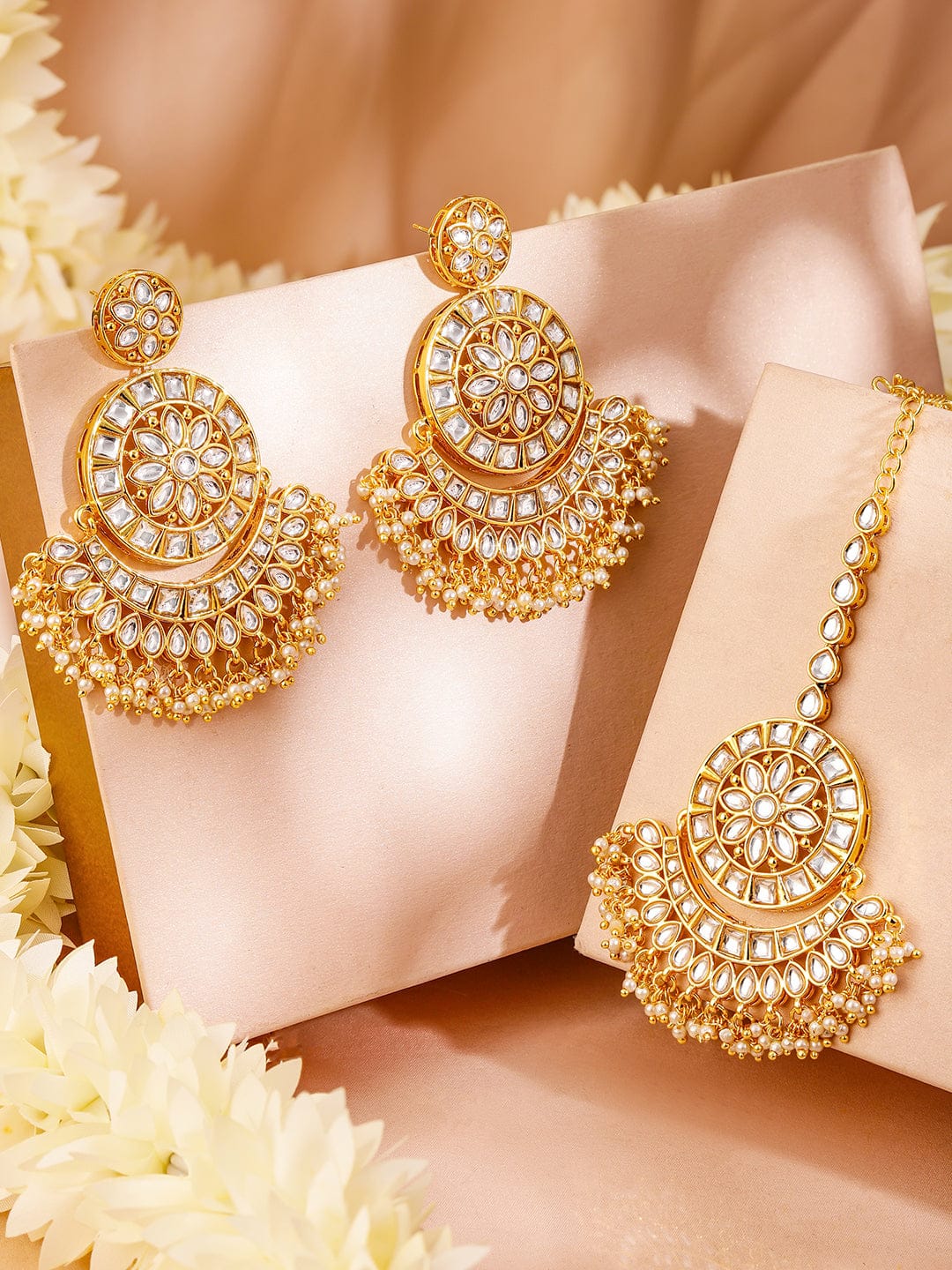Rubans 24K Gold Plated Kundan Stone Earrings & maang Tika Set Jewellery Set