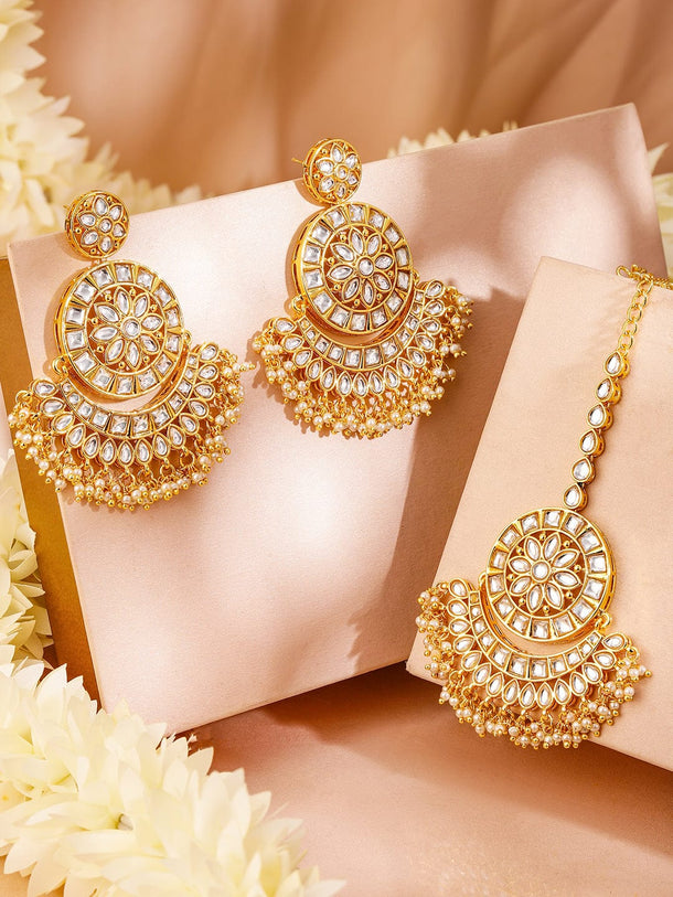 Rubans 24K Gold Plated Kundan Stone Earrings & maang Tika Set Jewellery Set