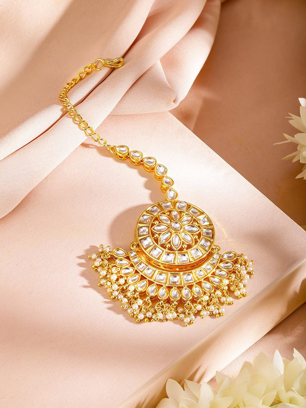 Rubans 24K Gold Plated Kundan Stone Earrings & maang Tika Set Jewellery Set