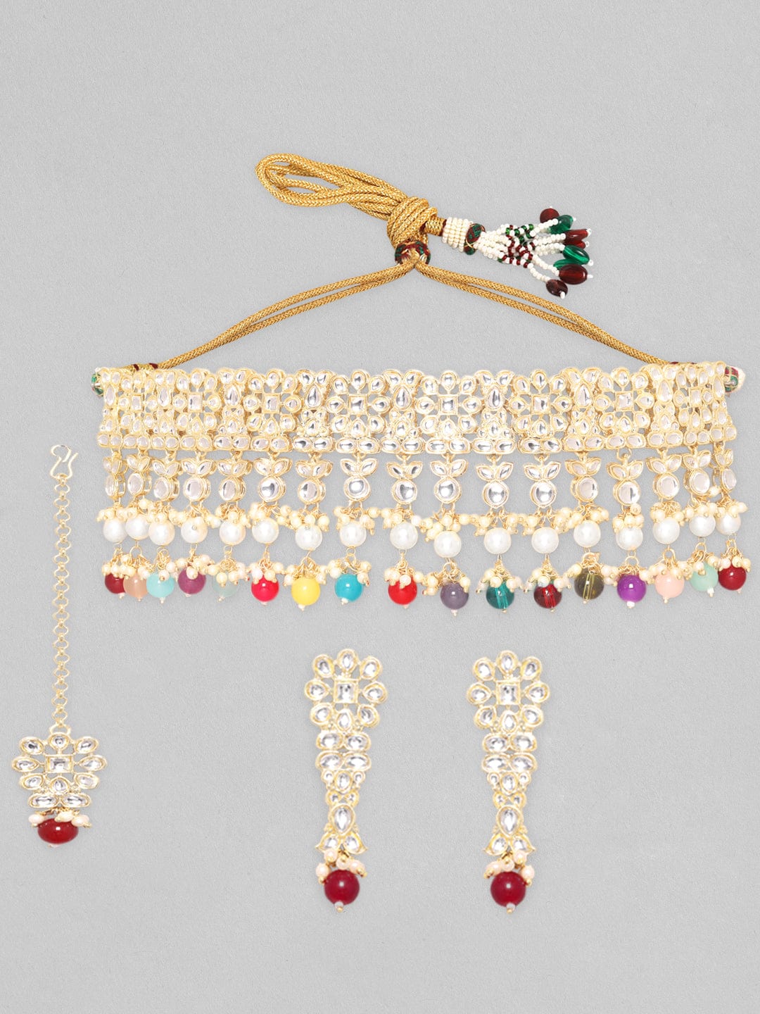 Rubans 24K Gold Plated Kundan Stone Studded Multicolour Pearl & Beads Necklace Set Necklace Set