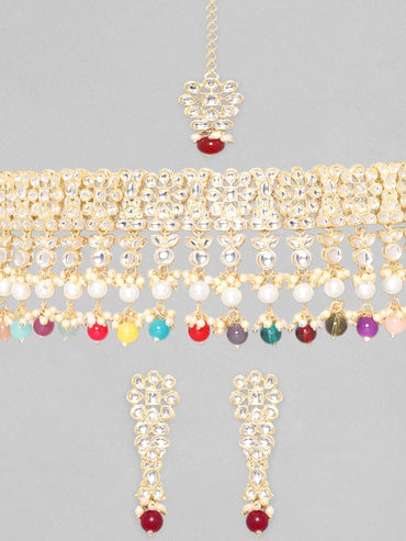 Rubans 24K Gold Plated Kundan Stone Studded Multicolour Pearl & Beads Necklace Set Necklace Set