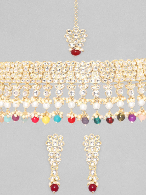 Rubans 24K Gold Plated Kundan Stone Studded Multicolour Pearl & Beads Necklace Set Necklace Set