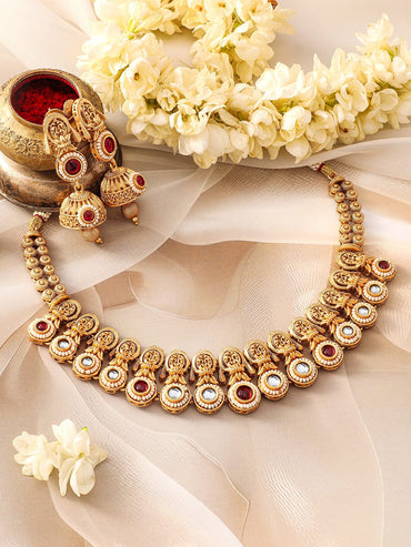 Rubans 24K Gold-Plated Kundan Stone-Studded Necklace and Earrings Jewellery Set