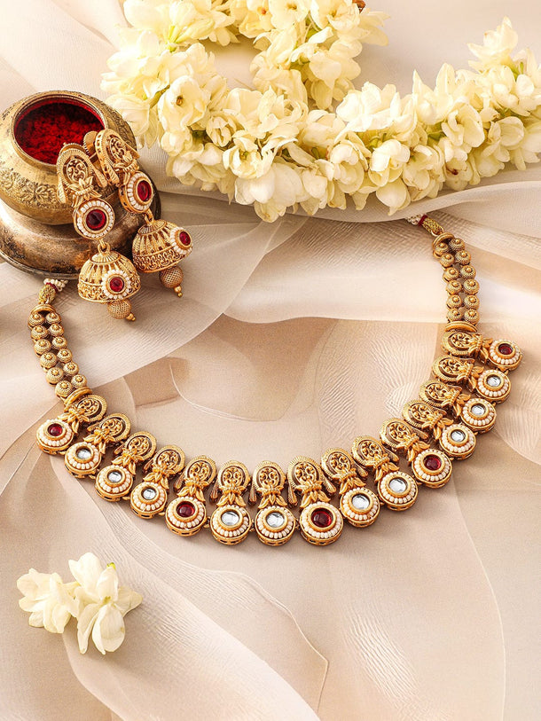 Rubans 24K Gold-Plated Kundan Stone-Studded Necklace and Earrings Jewellery Set