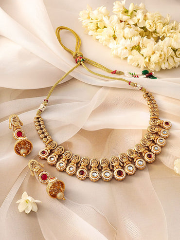 Rubans 24K Gold-Plated Kundan Stone-Studded Necklace and Earrings Jewellery Set