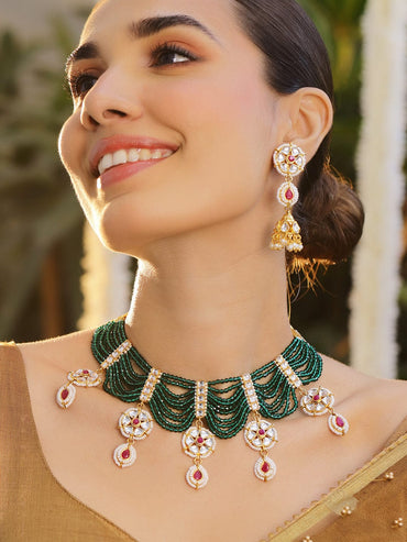Rubans 24K Gold-Plated Kundan-Studded & Beaded Jewellery Set Necklace Set