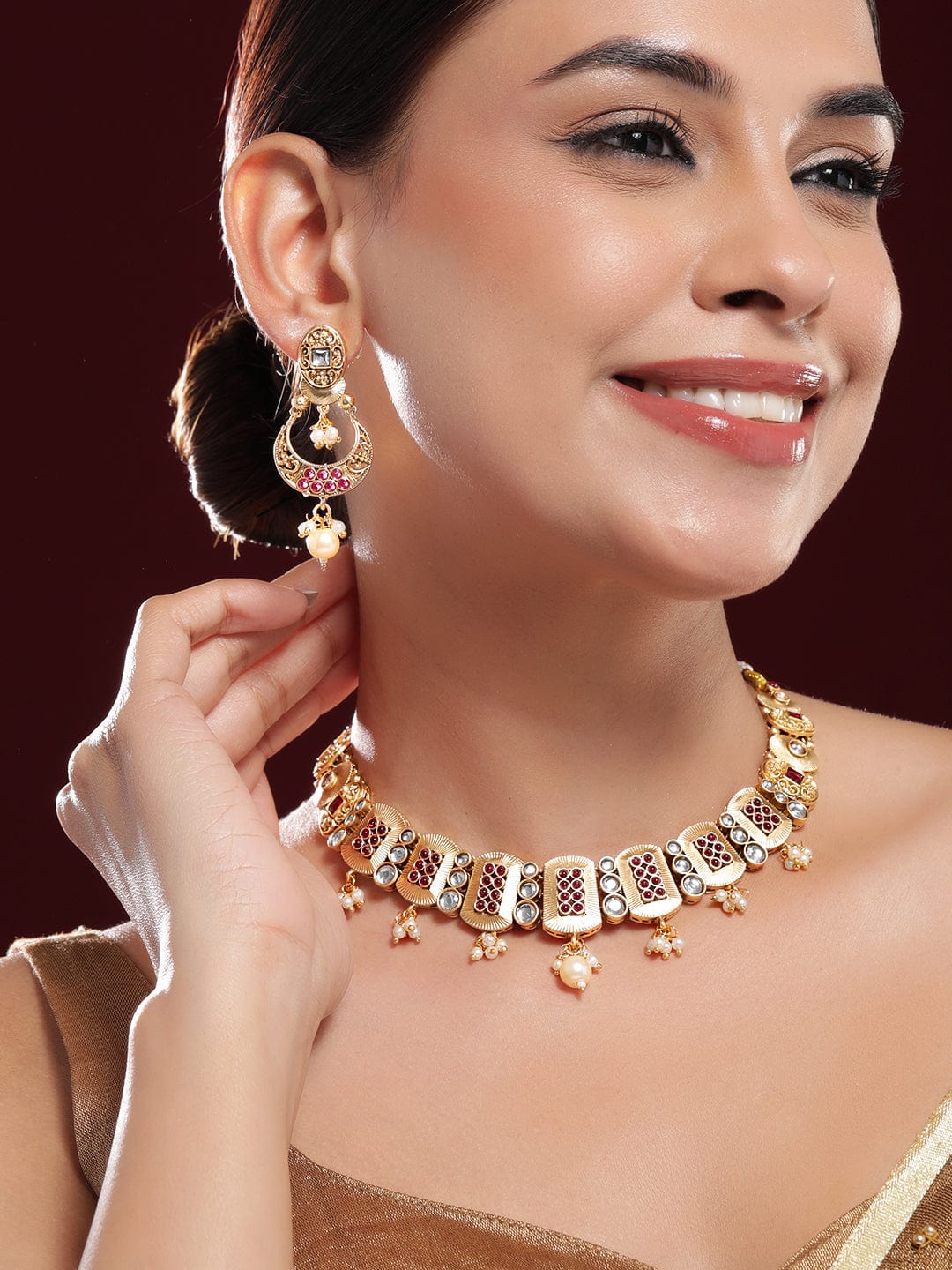 Rubans 24K Gold-Plated Kundan -Studded & Beaded Rectangle Motif Necklace and Earrings Necklace Set