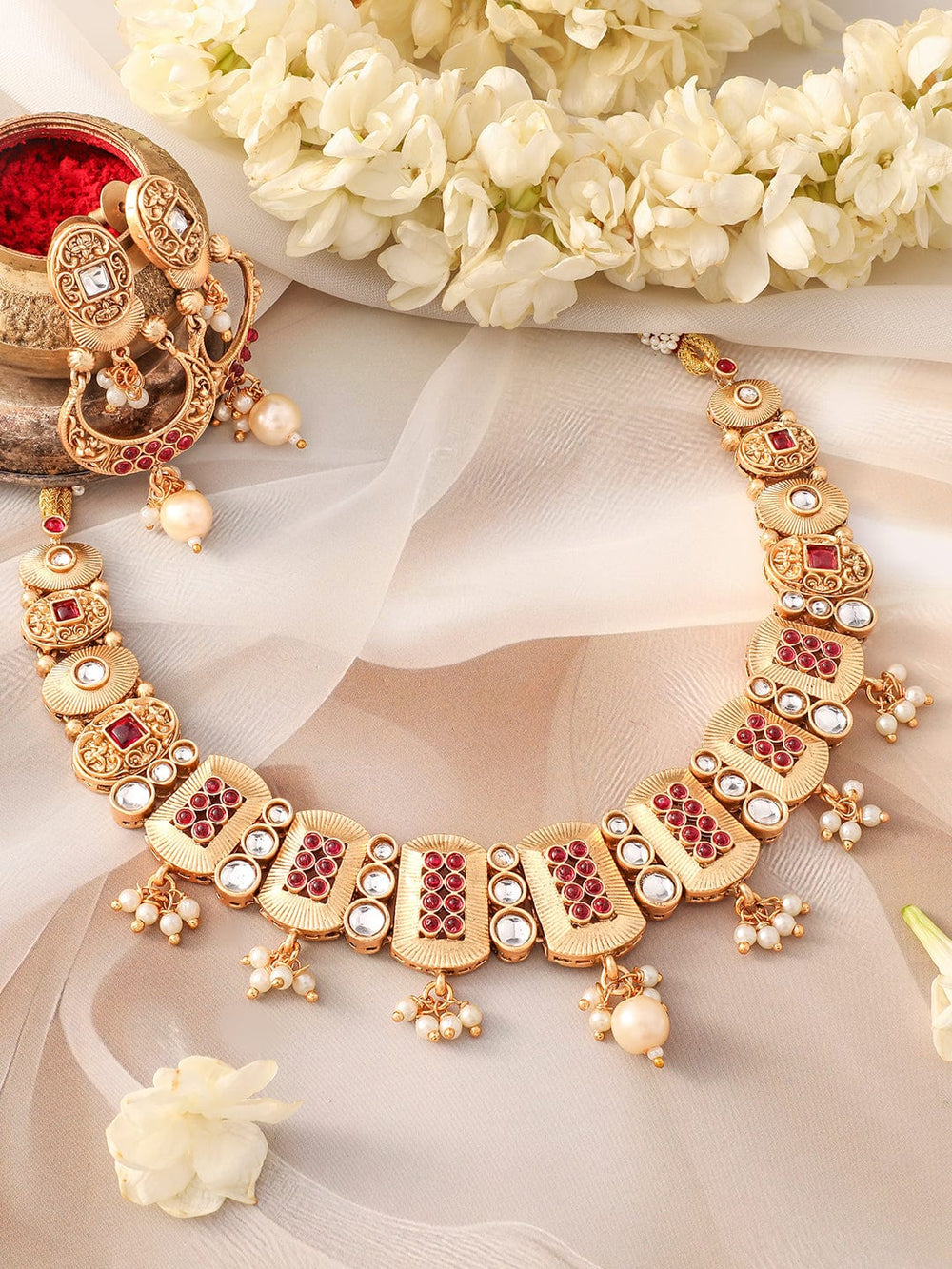 Rubans 24K Gold-Plated Kundan -Studded & Beaded Rectangle Motif Necklace and Earrings Necklace Set