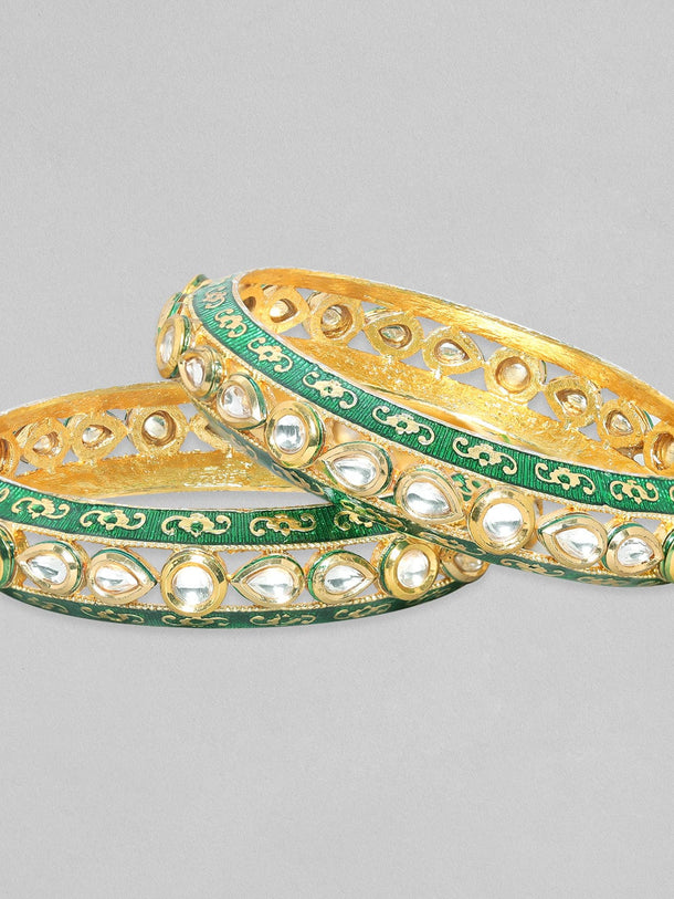 Rubans 24K Gold Plated Kundan Studded Green Enamel Bangles Bangles & Bracelets