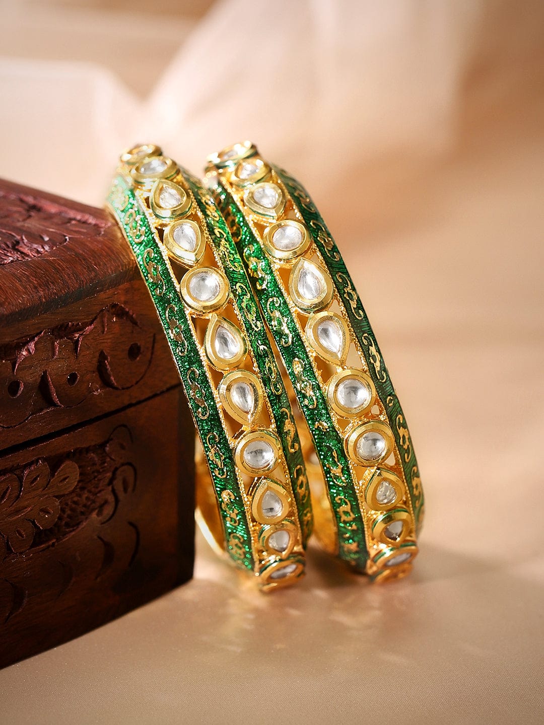 Rubans 24K Gold Plated Kundan Studded Green Enamel Bangles Bangles & Bracelets
