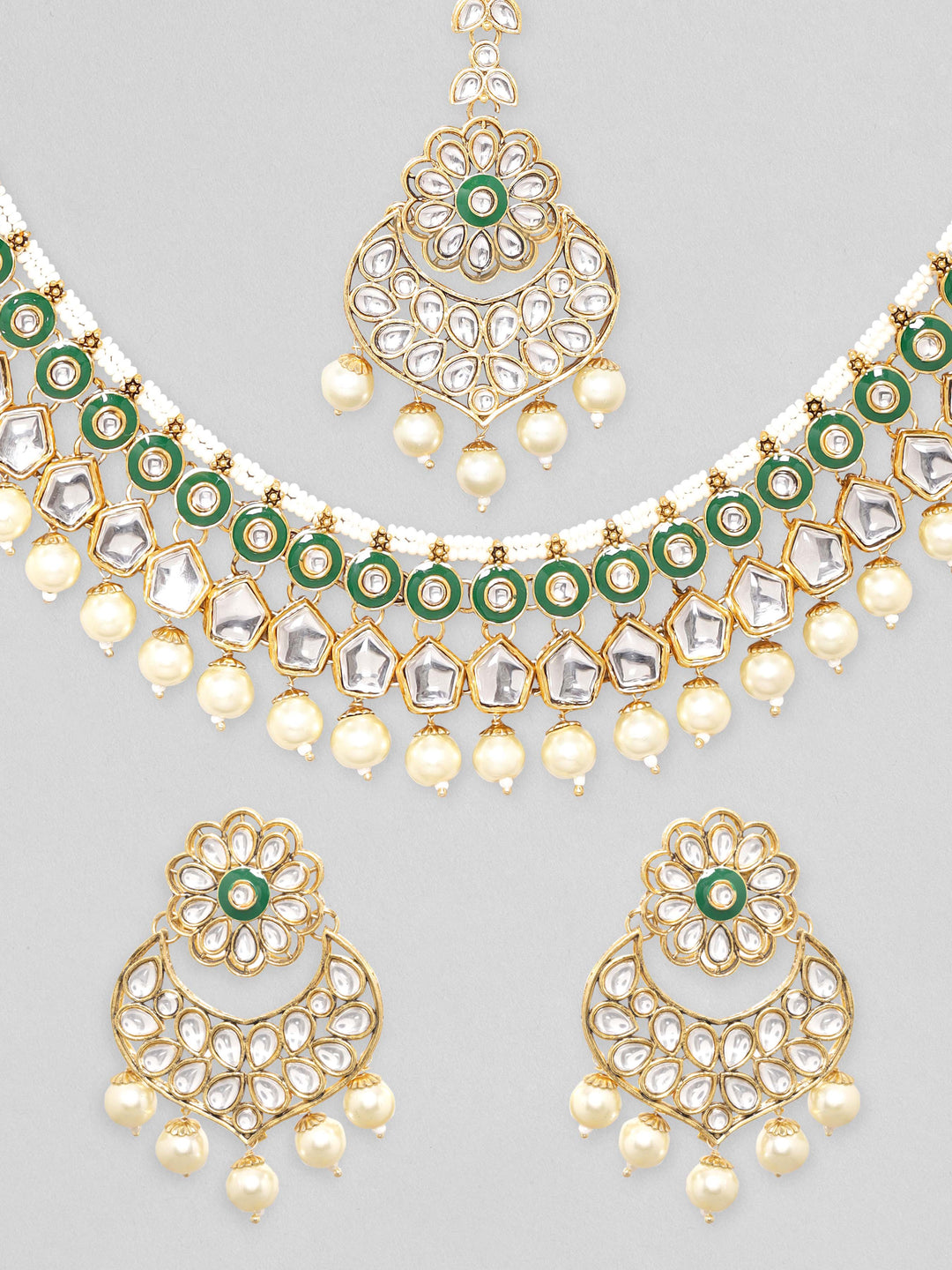 Rubans 24K Gold Plated Kundan Studded Green Enemal Pearl Beaded Jewellery Set Earrings