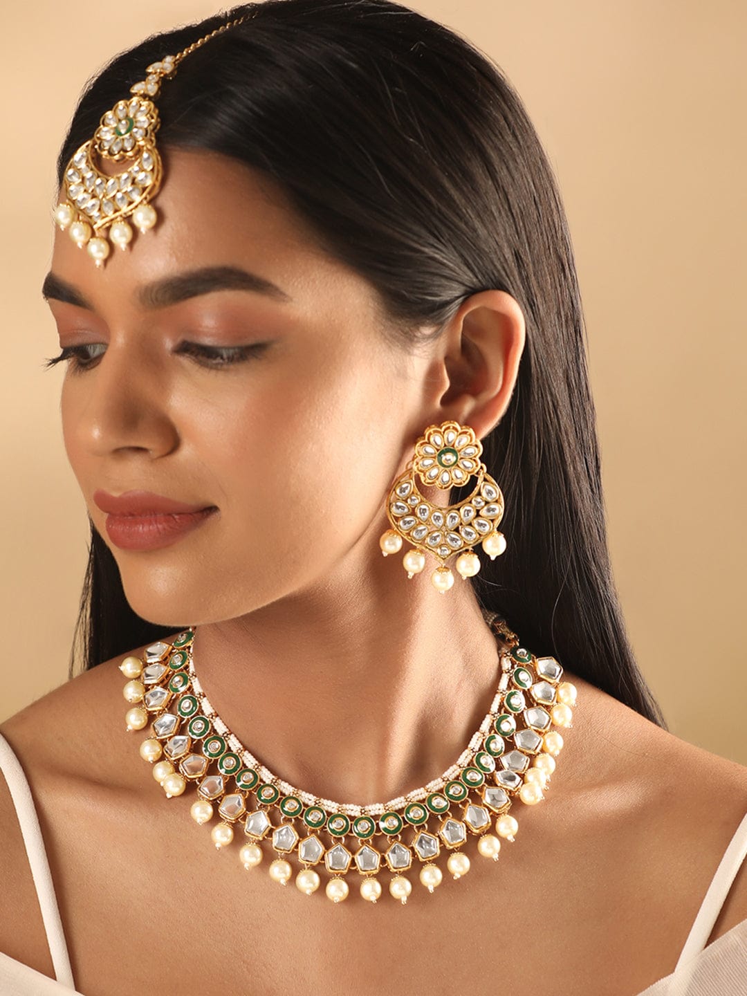 Rubans 24K Gold Plated Kundan Studded Green Enemal Pearl Beaded Jewellery Set Earrings