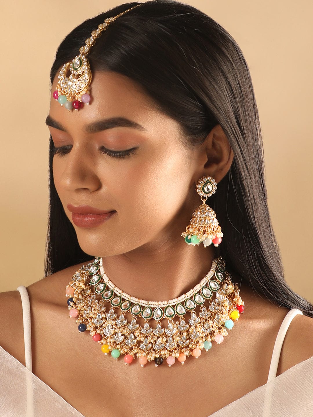 Rubans 24K Gold Plated Kundan Studded Multicolour Beaded Jewellery Set Necklaces, Necklace Sets, Chains & Mangalsutra