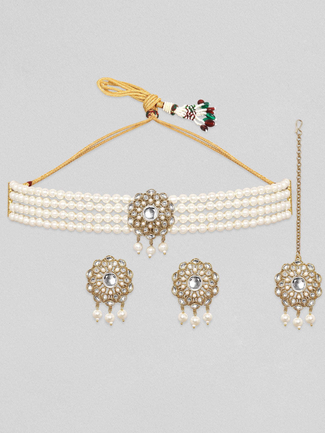 Rubans 24K Gold Plated Kundan studded Pearl Beaded Choker Necklace Set Earrings & mangtika set