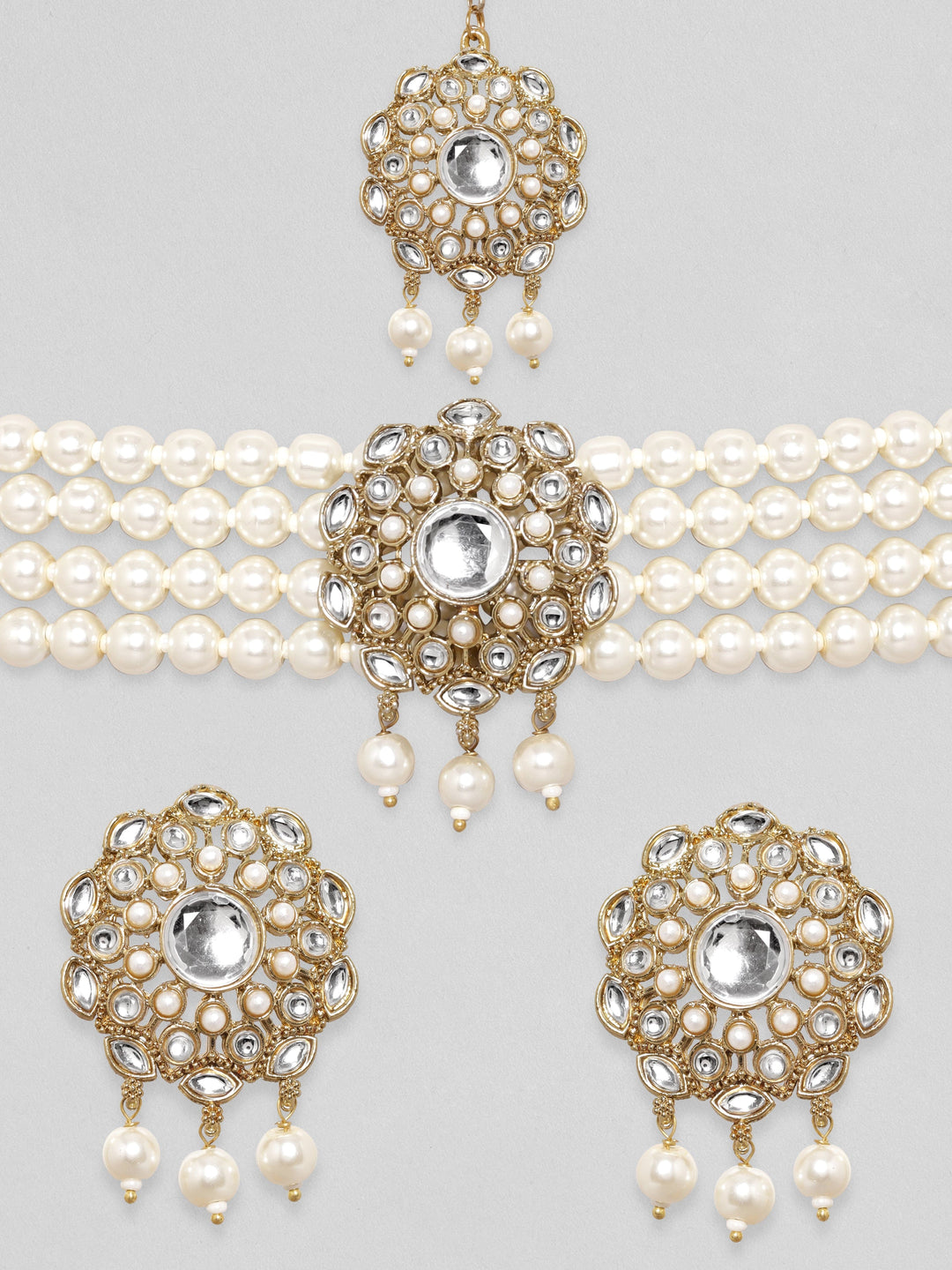 Rubans 24K Gold Plated Kundan studded Pearl Beaded Choker Necklace Set Earrings & mangtika set