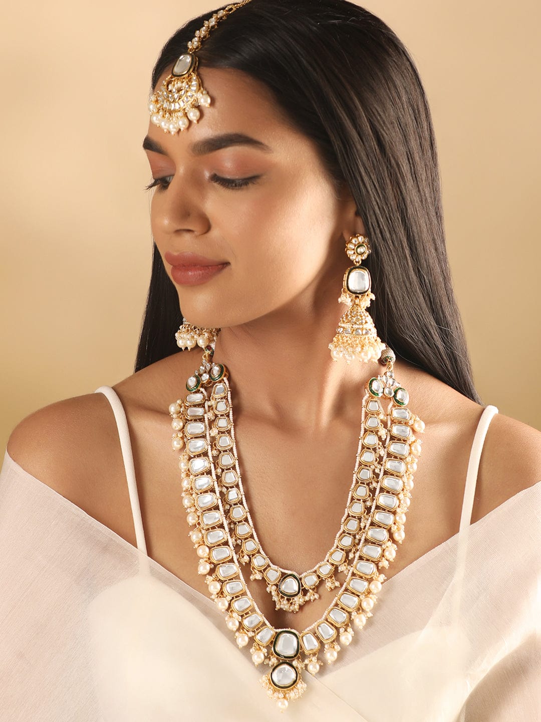 Pearl Necklace Set with Golg Plating  White Pearl Strings and Enamel Work   For Saree or Gown  Maahika Pearl Necklace Set by Blingvine