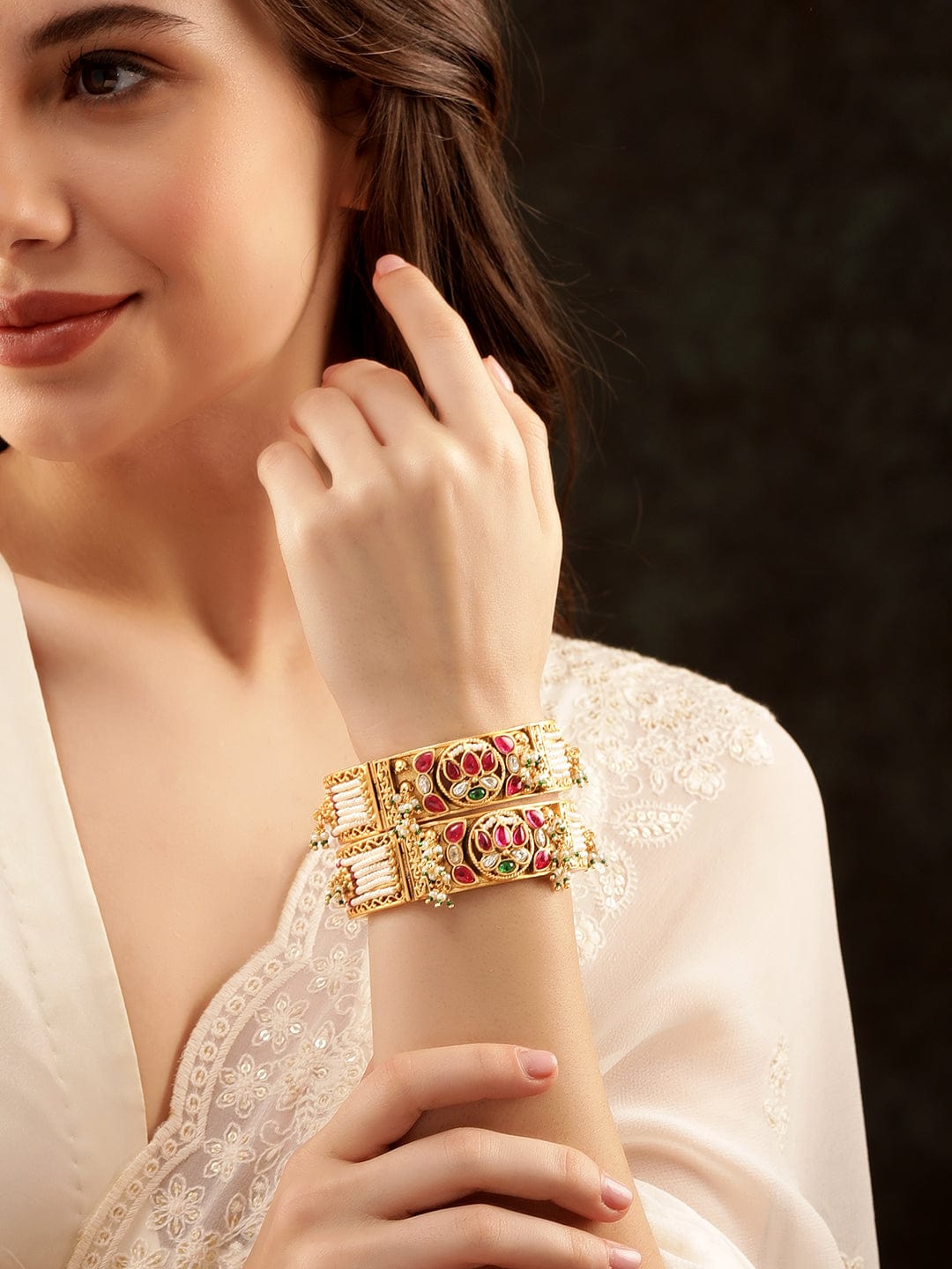 Rubans 24k Gold plated kundan studded pearl beaded handcrafted bangles Bangles & Bracelets