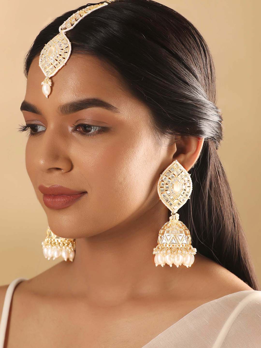 Rubans 24K Gold Plated Kundan Studded Pearl Beaded Jhumka & Mangtika Set Earrings & mangtika Combo