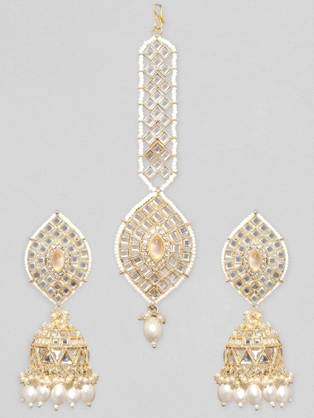Rubans 24K Gold Plated Kundan Studded Pearl Beaded Jhumka & Mangtika Set Maang Tikka & Earrings Set